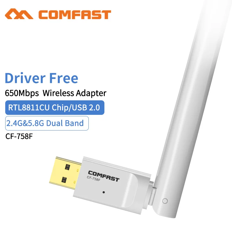 

Comfast CF-758F Free drive USB Wireless Wifi Adapter Dual Band 2.4+5GHz 650Mbps 802.11AC 802.11 a/b/n/g/ac 2*6dbi Wi fi Antenna