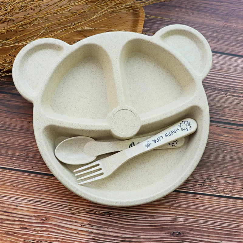 3Pcs Baby Bamboo Tableware bowl+spoon+ fork Feeding Food Tableware Cartoon Panda Kids Dishes Eating Dinnerware Anti-hot Trainin - Цвет: beige