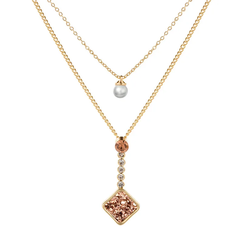 2 слоя Druzy шестиугольник жемчуг ожерелье с квадратной подвеской для Для женщин модные Мода 2 слоя воротник Кварцевый камень ожерелья с подвесками - Окраска металла: Brown