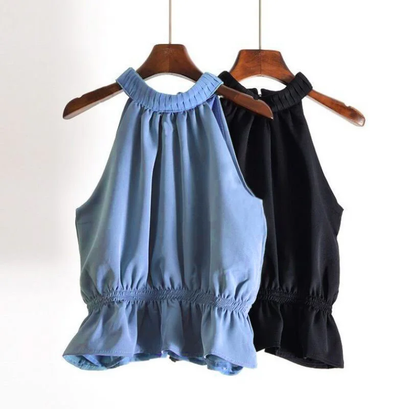 

Sexy Backless Casual Pullover Tank Tops Vest Summer Women Halter Neck Tops Strapless Tops Ruffles Solid Black Blue Tank Top