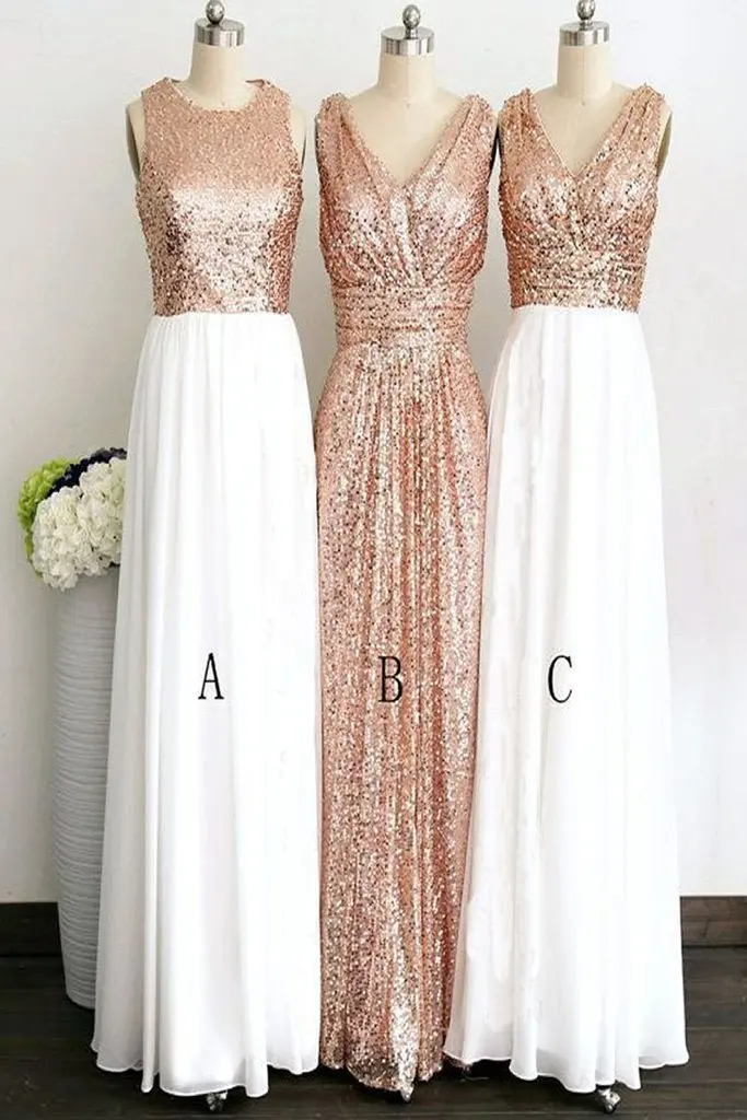 

Lakshmigown Rose Gold Long White Chiffon Bridesmaid Dresses Sleeveless V-neck Sequined Bridesmaid Dress 2019 Vestido Dama Honor