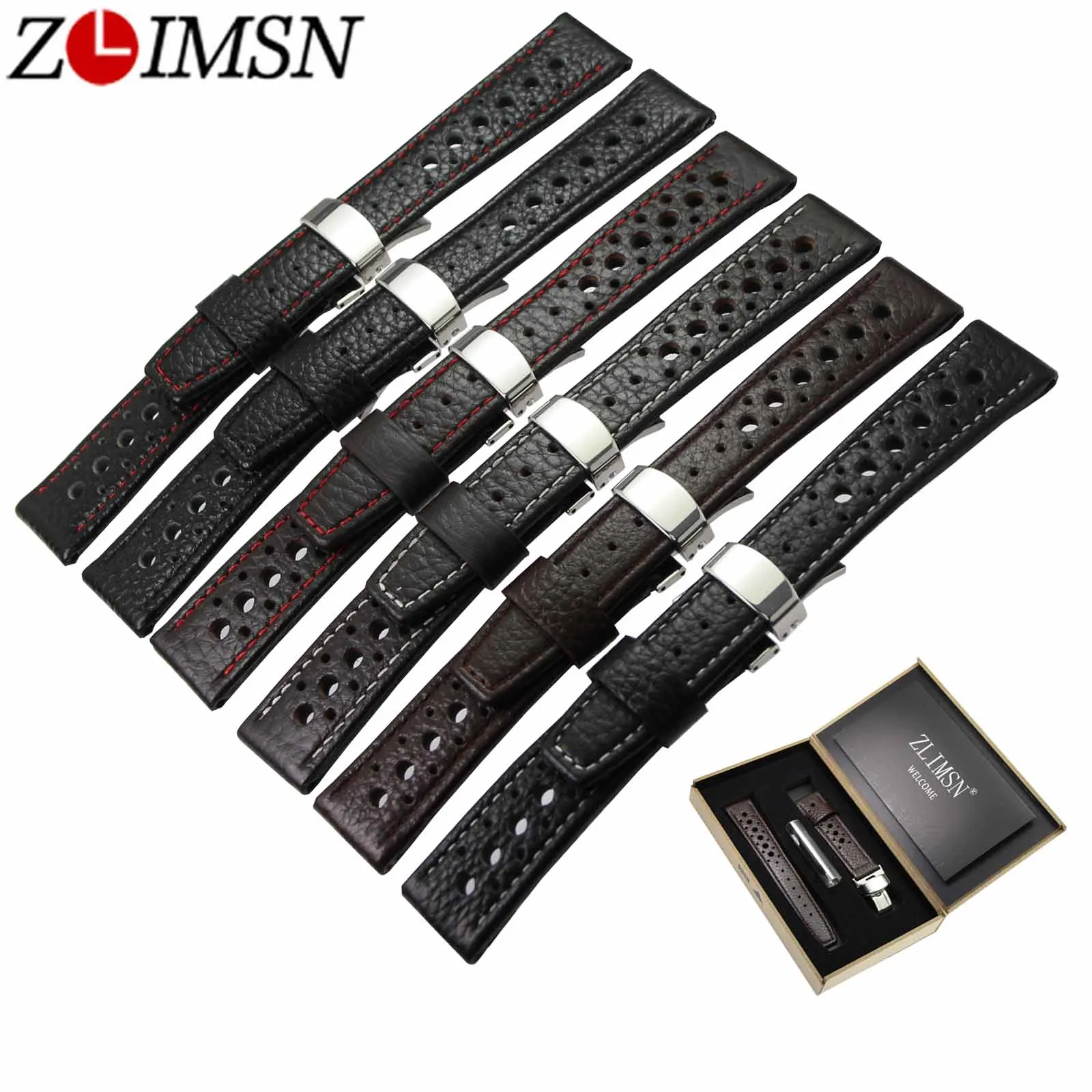 

ZLIMSN Watchbands Breathable Durable Replacement Bracelet 20 22mm Genuine Leather Watch Strap Stainless Steel Butterfly Buckles