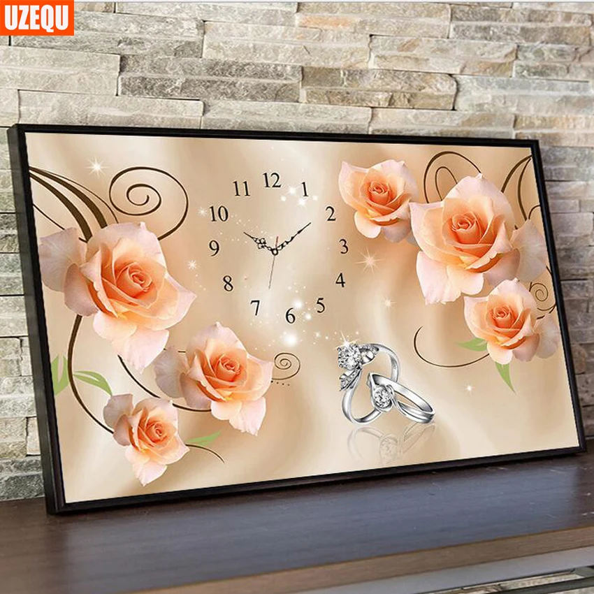 

UzeQu Diamond Embroidery Flower Full Round 5D DIY Diamond Painting Wall Clock Cross Stitch Rose Ring Diamond Mosaic Home Decor