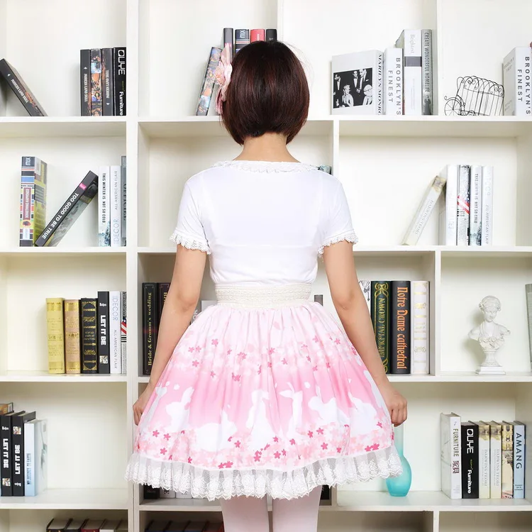 Pink Bunny Cherry Blossoms Print Lolita Skirt Soft Sister Cartoon Rabbit Pleated Princess Lace Romantic Girl Skirts for Women