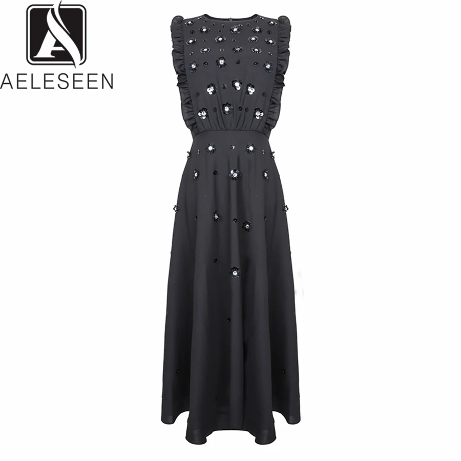 

AELESEEN Luxury Black Dress 2019 Summer Woman's Butterfly Sleeve New Fashion 3D Sequin Flower Elegant Black Mid Dress