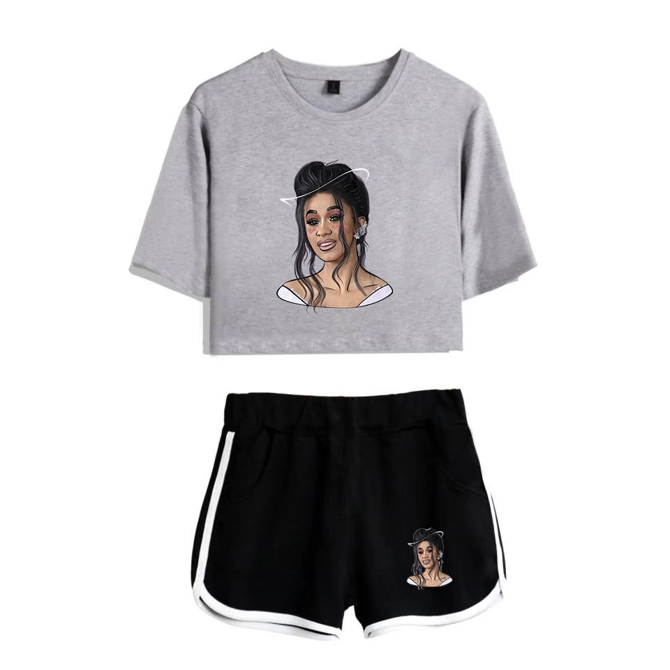 Rapper Cardi B принт для женщин комплект из двух предметов и короткие штаны летняя девушка пупка футболка студент хлопок высокое качество костюм