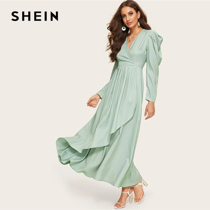 SHEIN Асимметричное Платье С Оригинальным Рукавом Длинное Платье С V-Образным Вырезом И Высокой Талией Для Женщин