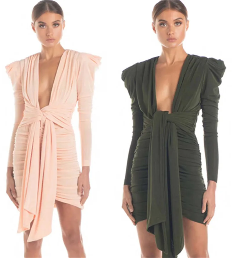 

Celebrity Green Pink V-Neck Long Sleeve Pleated High Quality Women Dress Evening Party Dress