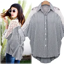 Fashion Women’s Chiffon Striped Lace Patchwork Flare Sleeve Turn Down Collar Casual Shirt Plus Size L-6XL