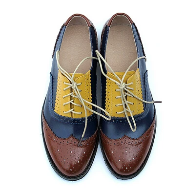 Новинка года; Модные Винтажные женские туфли-оксфорды на плоской подошве со шнуровкой; женская повседневная обувь на плоской подошве; размеры 34-43 - Цвет: brown blue yellow