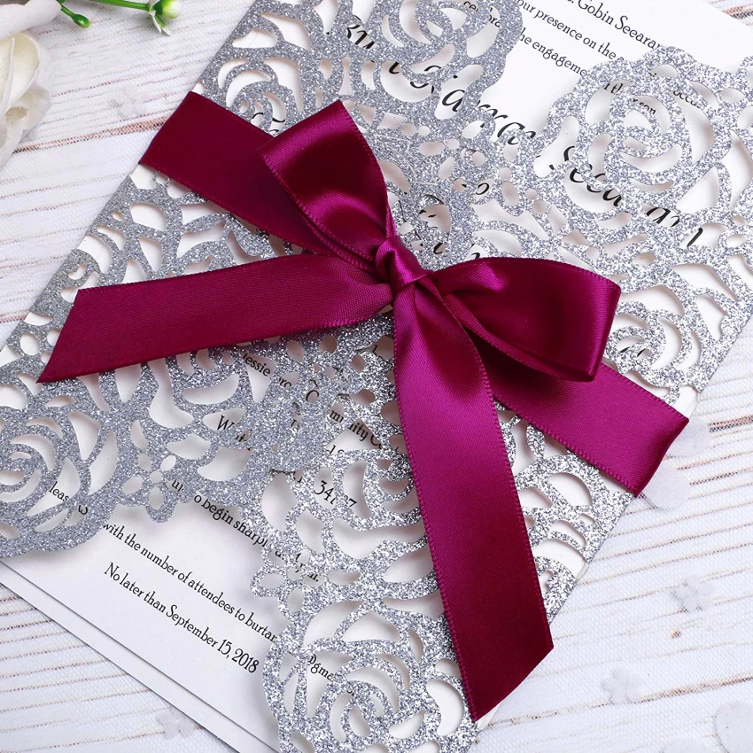 PONATIA 20 PCS Silver Glitter Laser Cut Bling Invitations Card With Ribbon For Wedding Bridal Shower Engagement Birthday