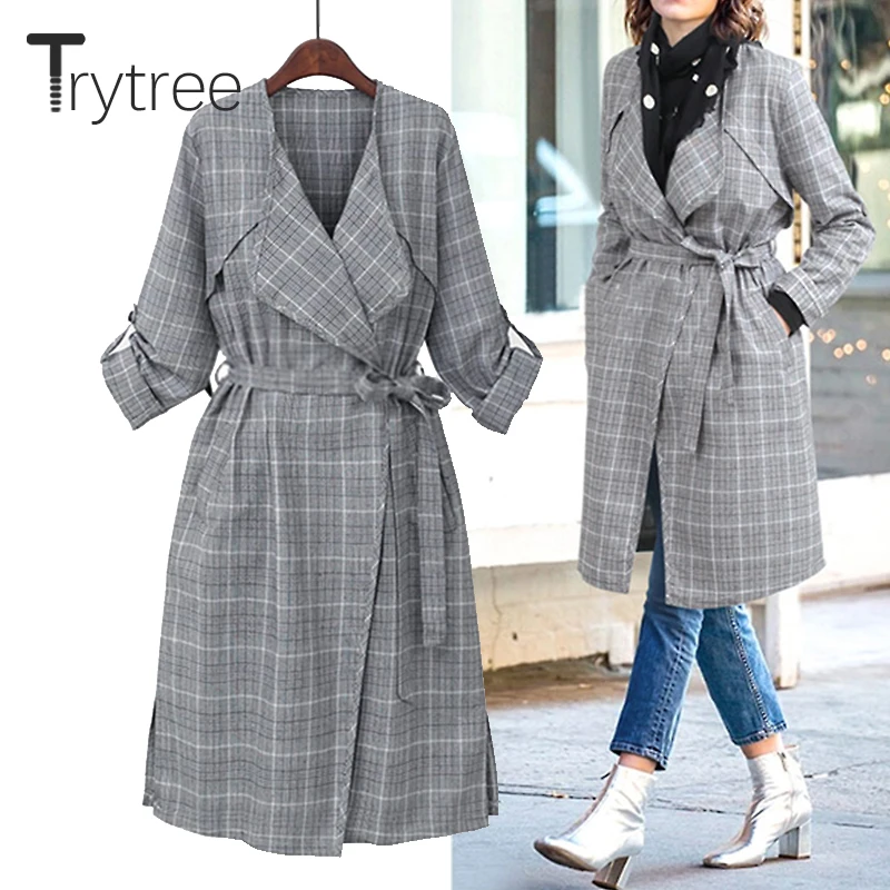 

Trytree Autumn Women Casual Windbreaker Grey Plaid Office Lady Adjustable Waist Belt Elegant Work Blazers Office Lady Thin Coats