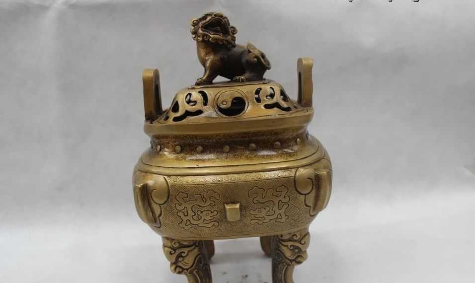 

12"Chinese Folk Pure Bronze Two Lion Beautiful Burner incense burner Statue