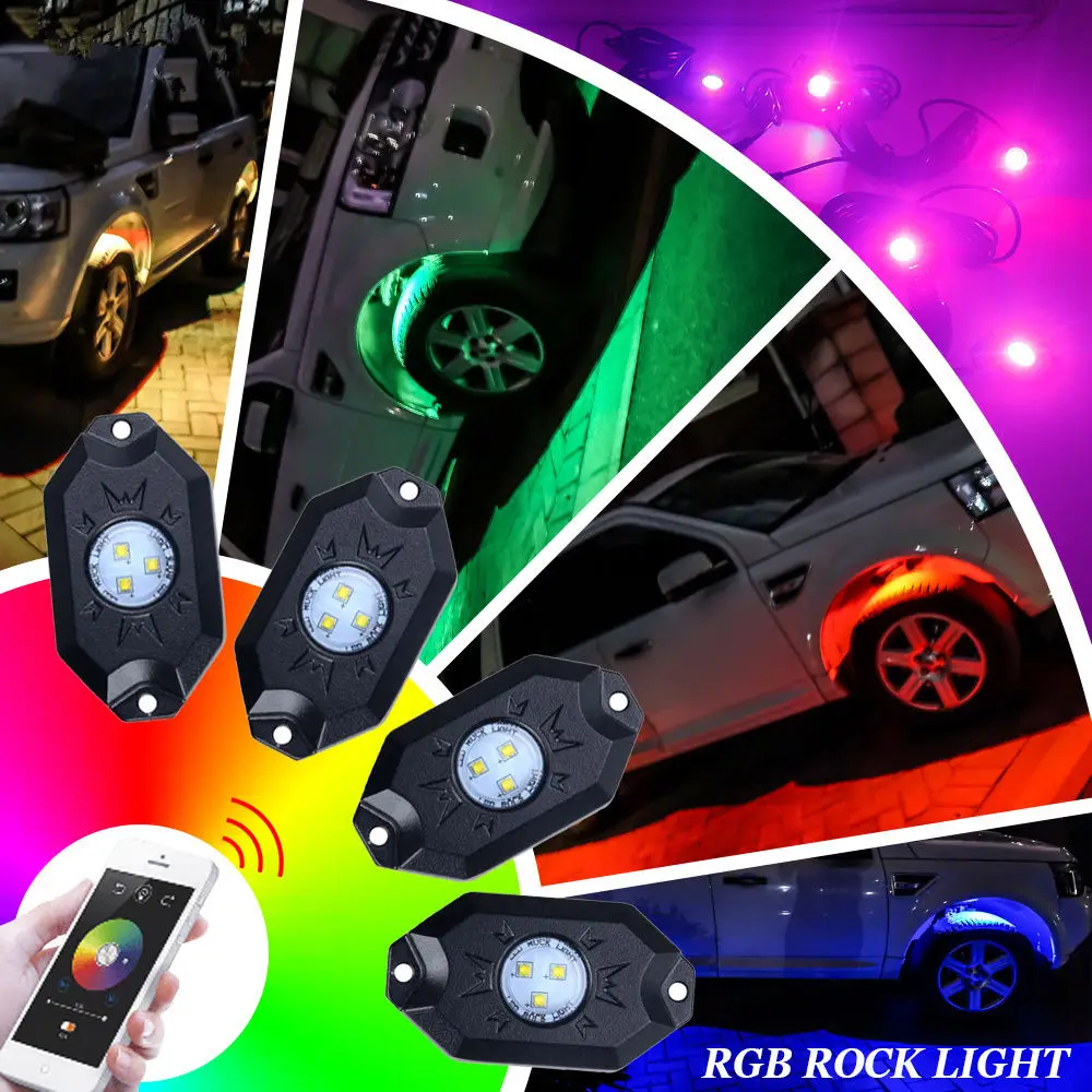

4 PCS RGB LED Multi Color offroad Rock Light Wireless Bluetooth For Jeep Truck Lada 4x4 SUV ATV Car Boat RGB LED Rock Lights
