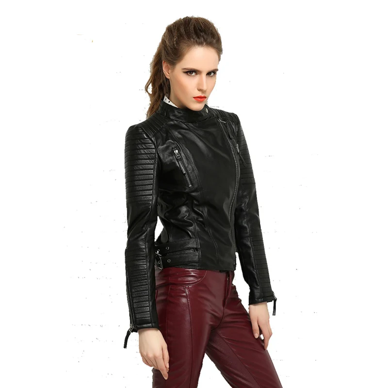 

2019 Female Leather Coat Autumn Genuine Leather Jacket Women Leather Jacket Sheepskin Black Soft Slim Fit Punk Bomber