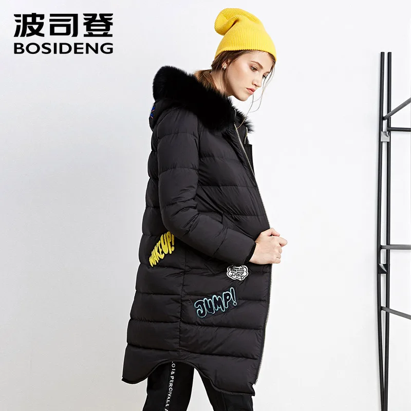 

BOSIDENG hoodie down coat X-long down jacket for women natural fox fur collar big eye Double zipper winter thick B1601148