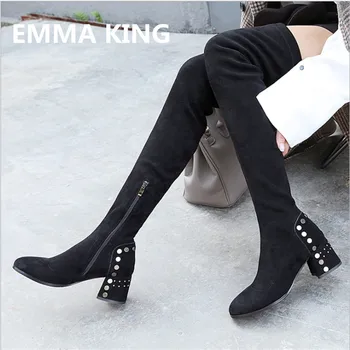 

EMMA KING 2018 Women Fashion Black Over The Knee Boots Thick Heel Metallic Rivets Embellished Long Boots Big Size 40-43