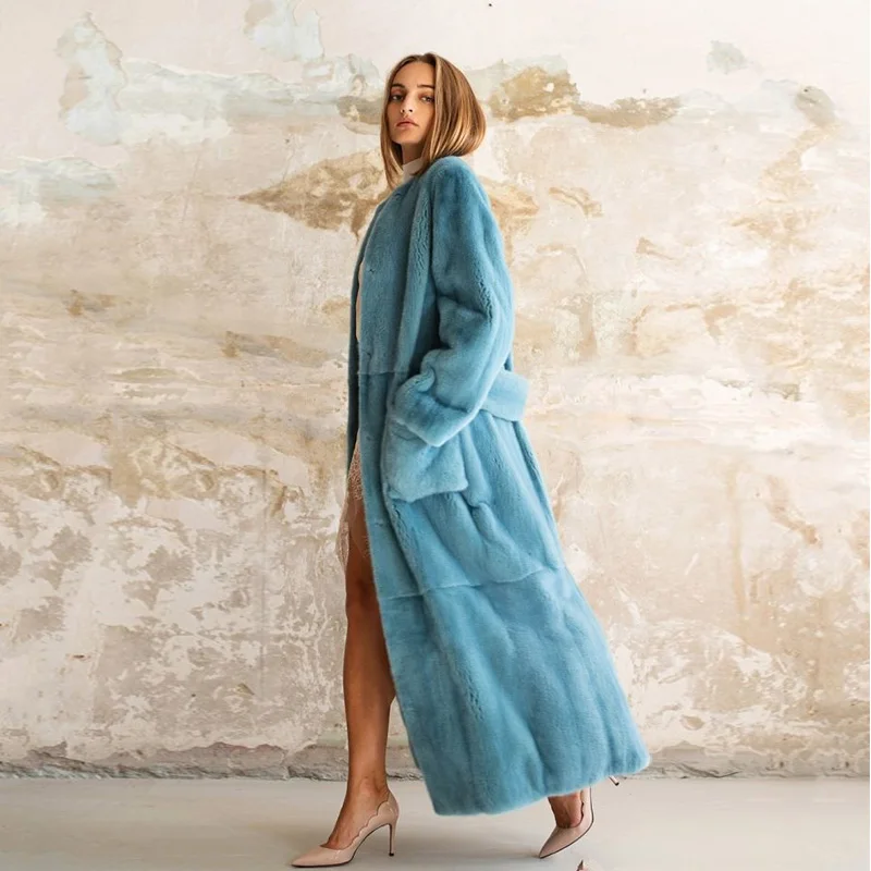 Модное синее пальто из натурального меха норки с поясом Femme Повседневная Длинная - Фото №1
