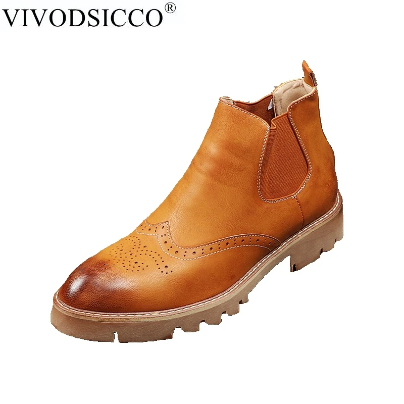 

VIVODSICCO New Man Genuine Leather Chelsea Boots Casual Flats Men's Fashion Ankle Martin Boot Retro Carved Flower Brogue Shoes