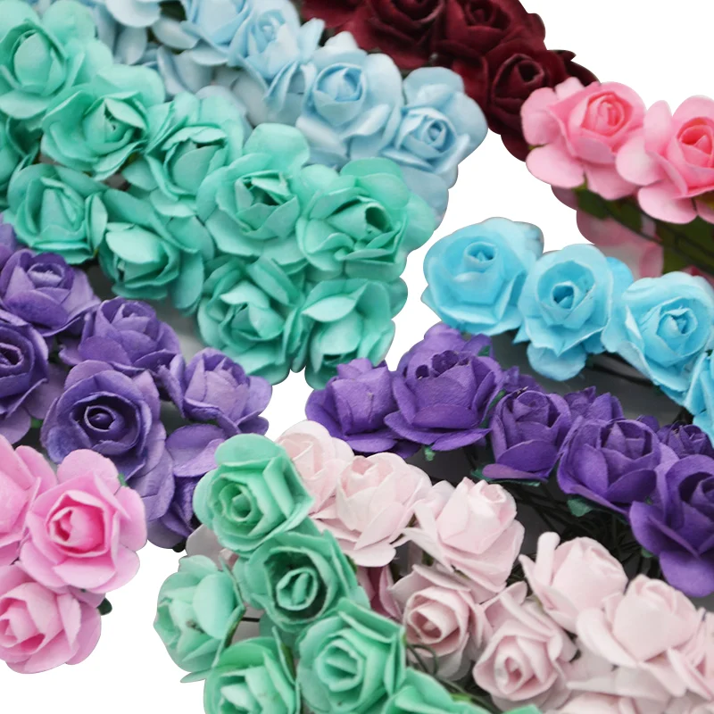 36/144pcs 1cm Cheap Artificial Paper Flowers for Wedding car fake Roses Decoration Candy box DIY Wreath Gift Scrapbooking Craft