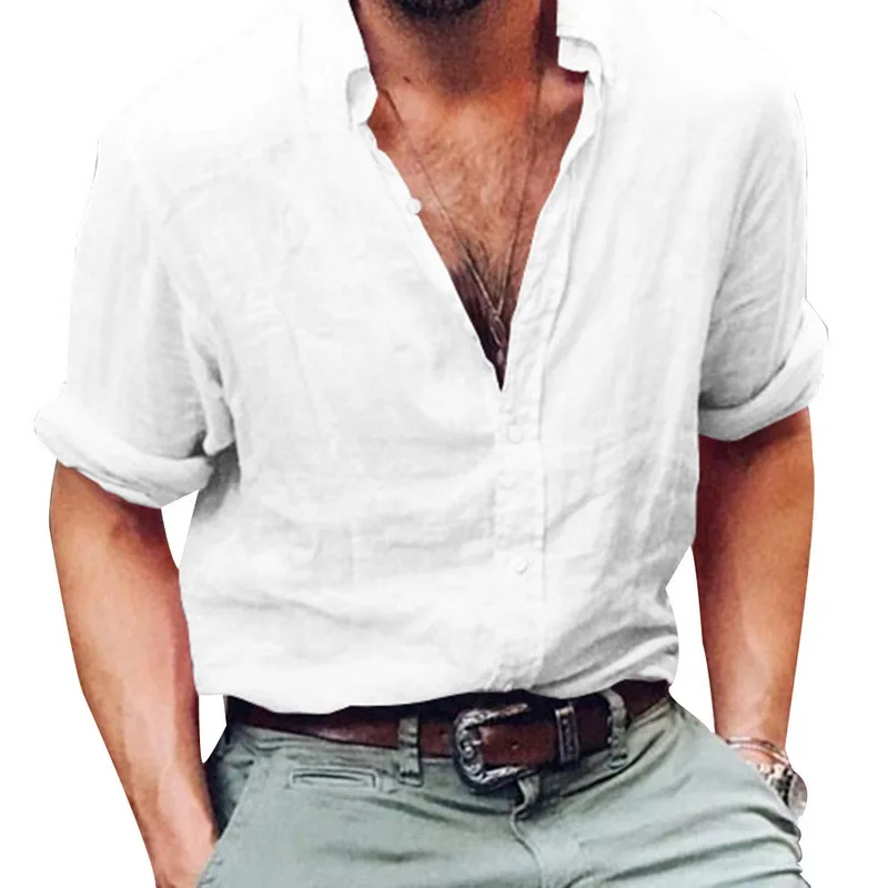 LAAMEI, сексуальная новая мужская блузка с длинным рукавом, летняя мода, повседневные тонкие футболки, топы, Мужские дышащие льняные рубашки