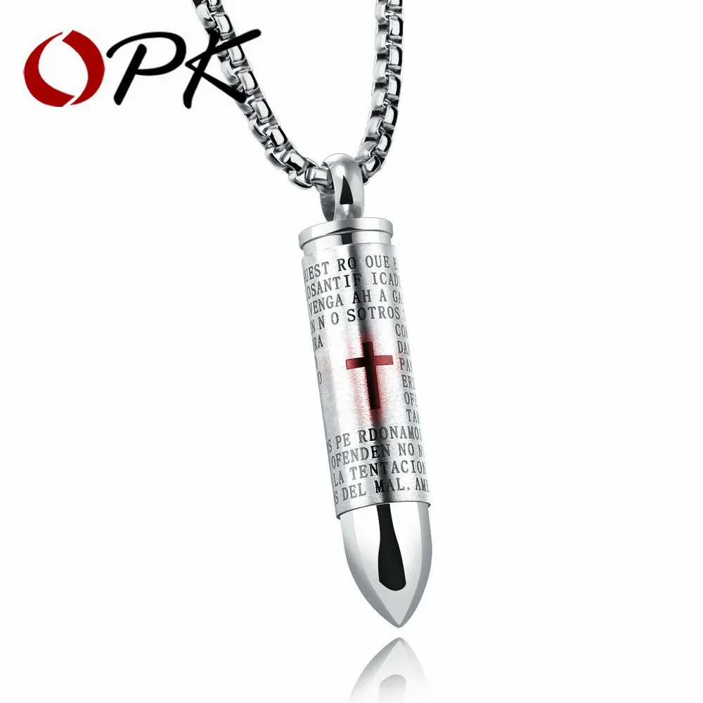 Punk Bullet Men's Pendant Necklaces Red Cross & Bible In Spanish Box Link Chain God Bless You Birthday Gift