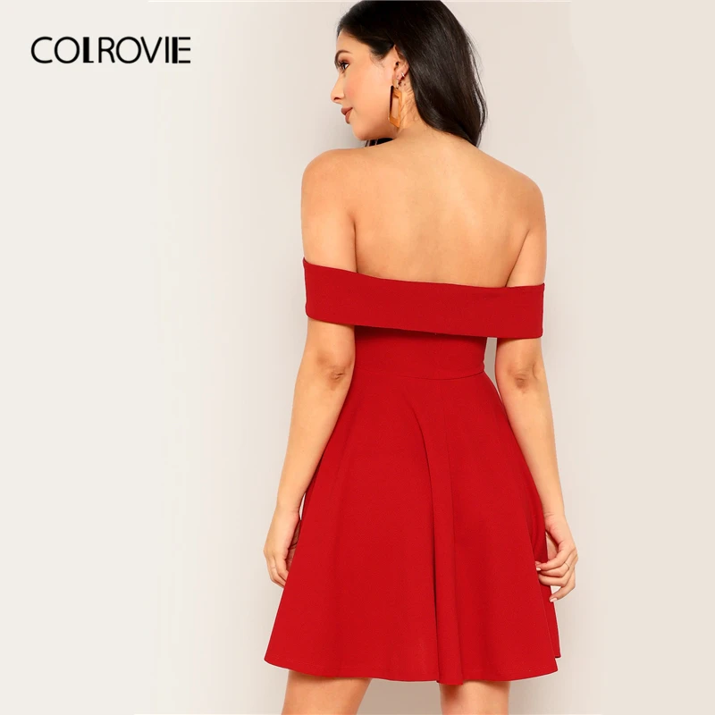 COLROVIE, красное однотонное платье с открытыми плечами, Складчатое, Bardot, расклешенное, вечерние, для выпускного вечера, женское,, летнее, ТРАПЕЦИЕВИДНОЕ, расклешенное, сексуальное, короткое платье