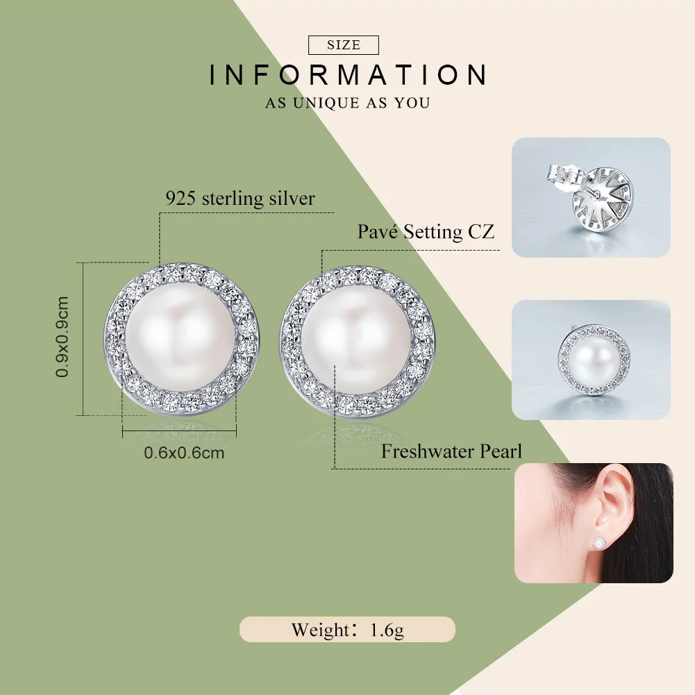 BAMOER 925 Sterling Silver Classic Round Sparkling CZ Fresh Water Pearl Stud Earrings for Women Sterling Silver Jewelry SCE122