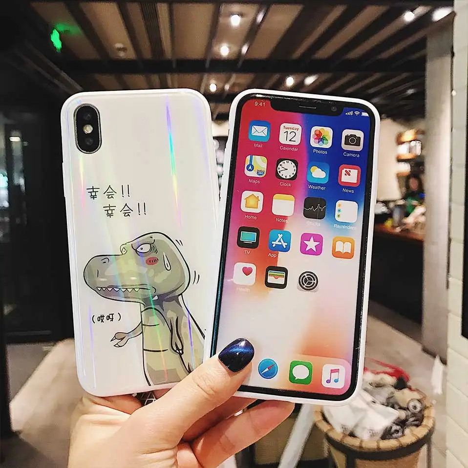 Пара телефонов Чехол для iPhone 6 S 7 8 Plus X стеклянная задняя крышка Динозавр Coque чехлы
