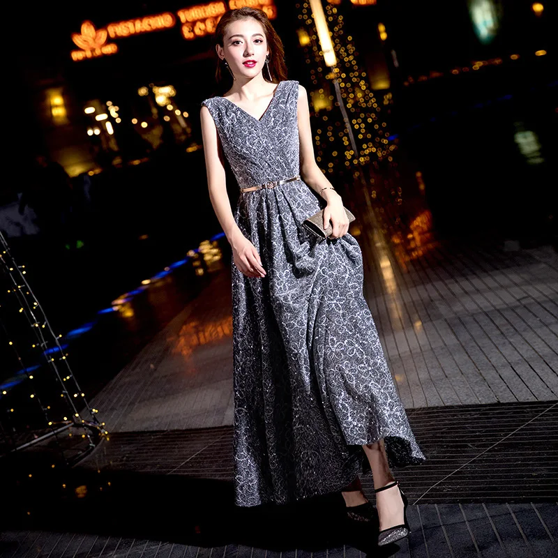 Smoke Ceinture Paillettes Tenue Color Manches Gray Col Élégantes De Robes Fête Florale Vintage V Sans Sexy Femme Robe Pour Brillant Femmes Les Longue BvwxZ7Rq