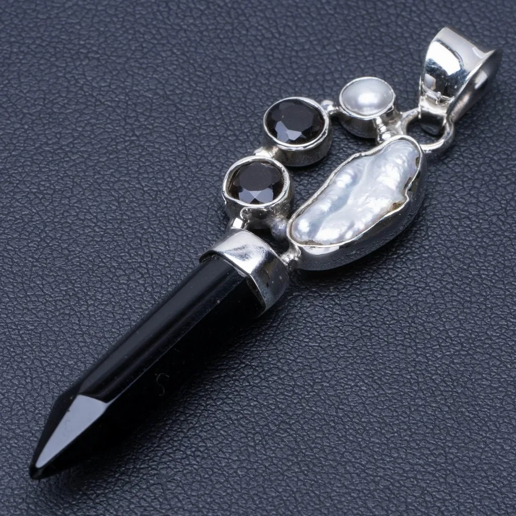 

Natural Dyed Crystal,River Pearl and Biwa Pearl Punk Style 925 Sterling Silver Pendant 2 1/4" Q0979
