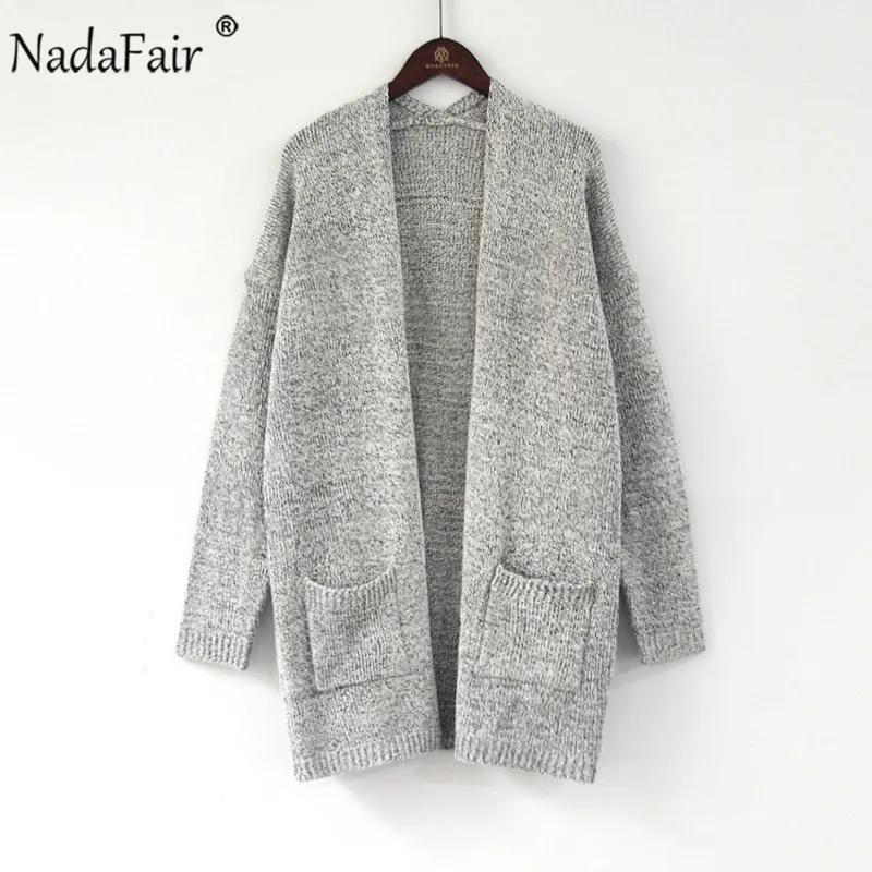 Nadafair S-5XL размера плюс повседневные длинные кардиганы Женская зимняя одежда с карманами Свободный длинный вязаный свитер пальто pull femme hiver