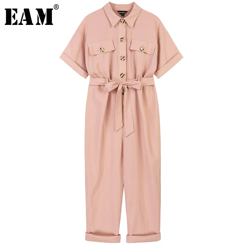 

[EAM] 2019 New Autumn Winter High Waist Pocket Stitch Lapel Button Bandage Loose Long Pants Women Jumpsuit Fashion Tide JW6691