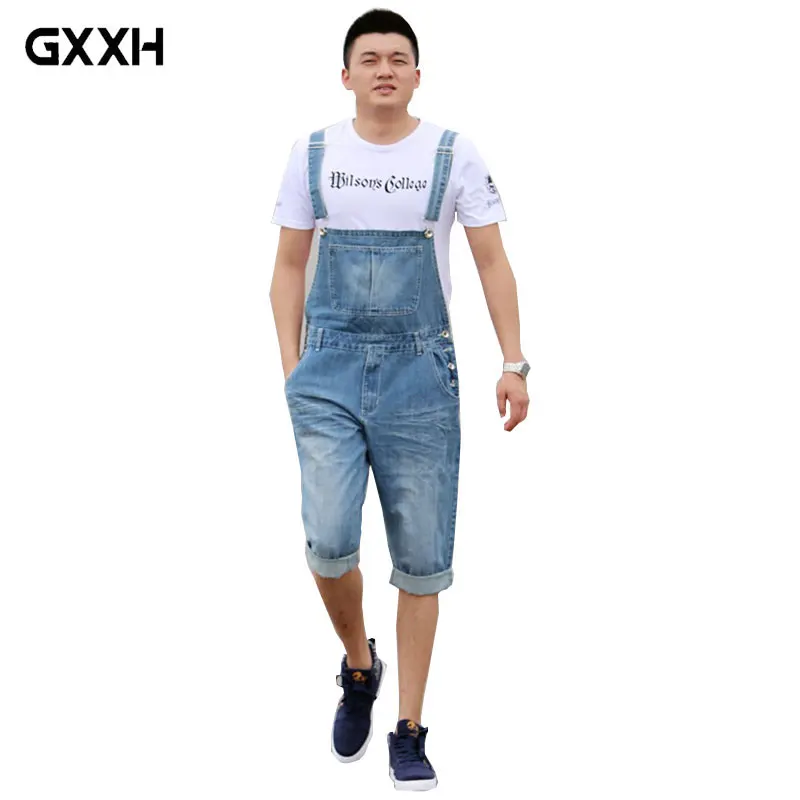

2019 Summer Men's Casual Loose Denim jumpsuits overalls bib pants light blue cargo pants plus size gardener capris size XS-5XL