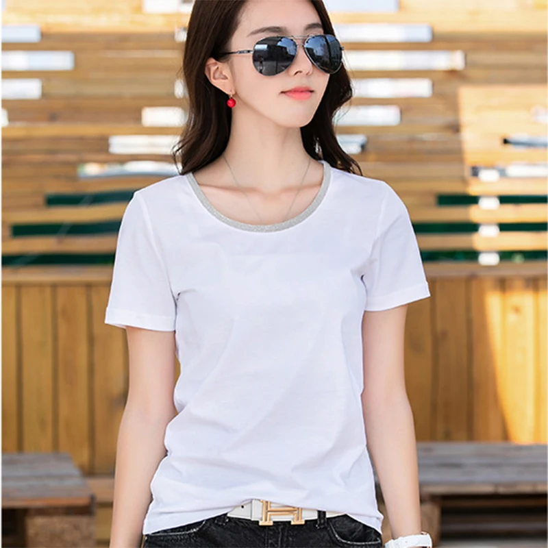

2018 new women's T-shirt V O-neck solid color T-shirt high-quality clothes wild temperament shirt free shipping hot M-3XL