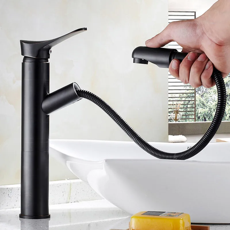 Bronze black pull type basin faucet copper European antique table telescopic basin faucet pull out faucets single hole