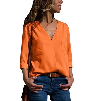 

Fashion Spring Long Sleeve V-Neck Shirt Office Blouse Shirt Ladies Solid Color Blusas With Pockets Women Blouses