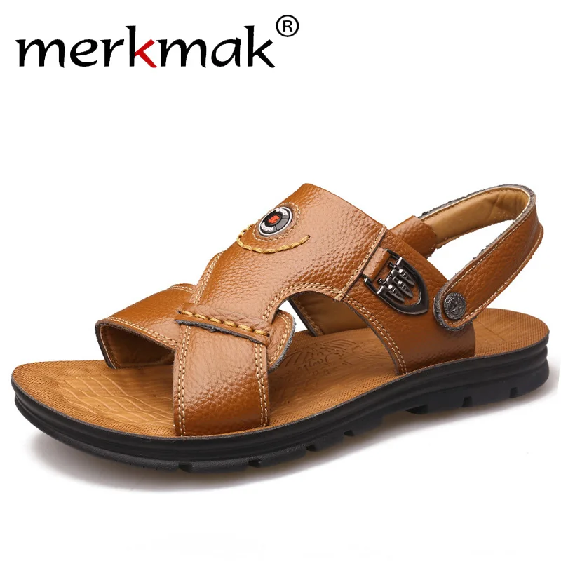 Merkmak Luxury Men Sandals Genuine Leather Fashion Summer Mens Slippers Breathable Men&#39;s Sandals ...