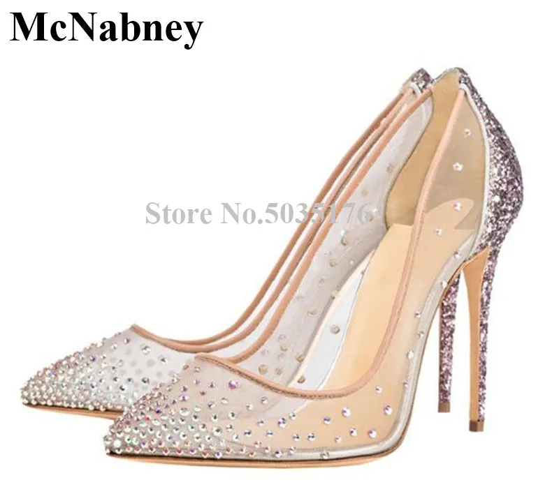 

2019 European Rhinestone Bling Fashion Pointed Toe Stiletto Heel Pumps Shallow Slip-On Cover Heel Spring/Autumn Women Shoes