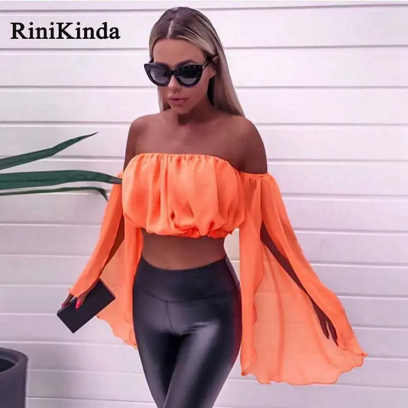 Dinikinda хит 2019 женская короткая рубашка Дамская с вырезом лодочкой длинным рукавом