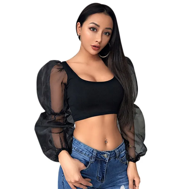 

EFINNY Summer 2019 mesh stitching long-sleeved vest women hot U-neck exposed umbilical rubber sleeves shirt