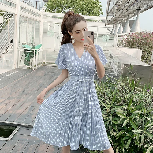 

Woman's 2019 Korean Chiffon Fashion A-line Dress V Neck Dot Elegant Light Blue Dress Brief Casual Loose Vestidos De Fiesta