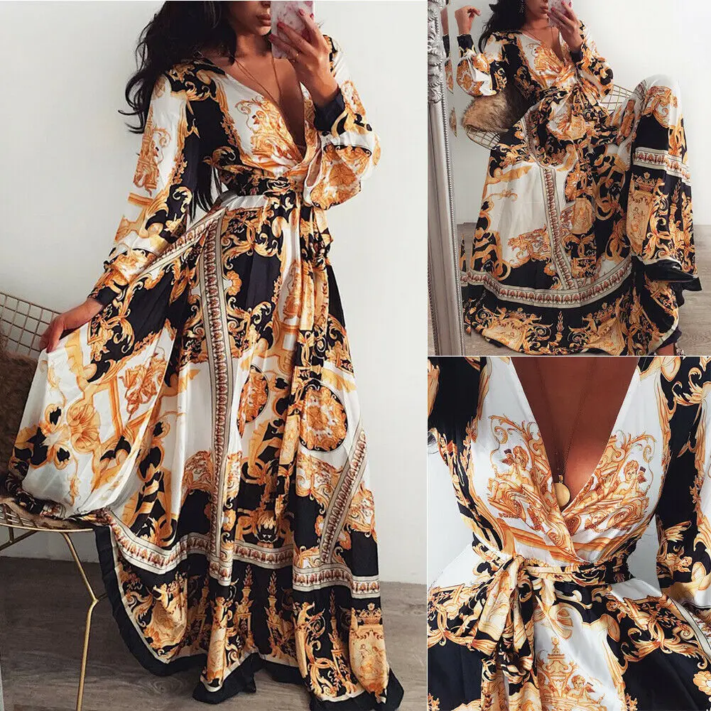 

New Style Women Dress Summer Boho Chiffon Party Evening Beach Dresses Long Sleeve V Neck Casual Dress Sundress Fashion Hot 2019