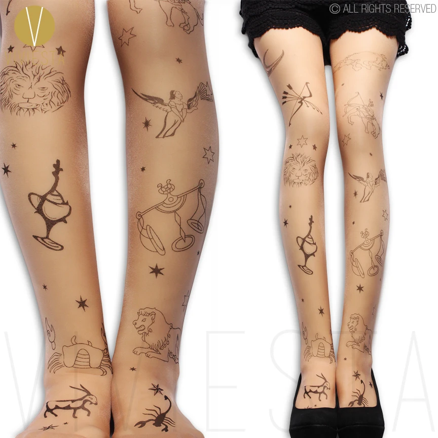 12 ZODIAC SIGNS TATTOO TIGHTS - 20D Women's Libra Scorpio Virgo Astrological Symbol Pattern Print Sheer Nude Pantyhose | Женская