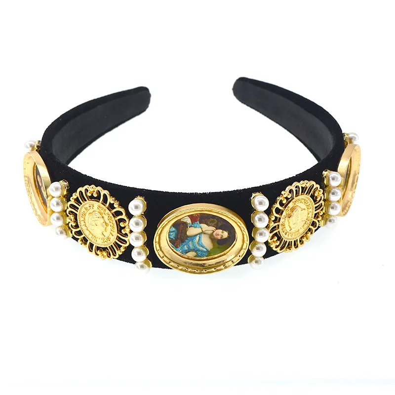 

Baroque Metallic Fabric Jewelled Headband Hair Band with Black Cabochon Diamante Wide Women's Gift Black Gold Pearl Hairband
