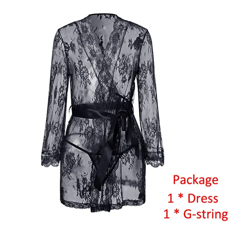 2pcs/set Sexy Lingerie Babydoll Lace Dress, Women Bowknot Kimono Sexy Hot Erotic Nightwear