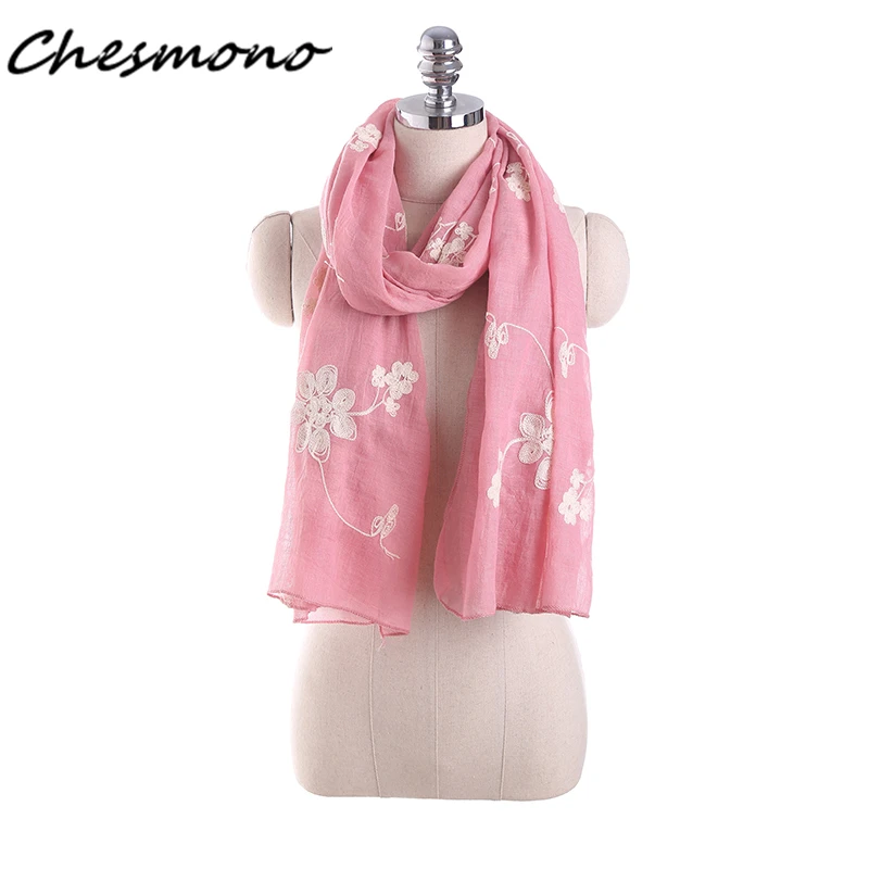 Autumn Winter Scarf Women Top Quality Shawls Cotton Linen Scarves Warm Embroidery Floral Crochet 