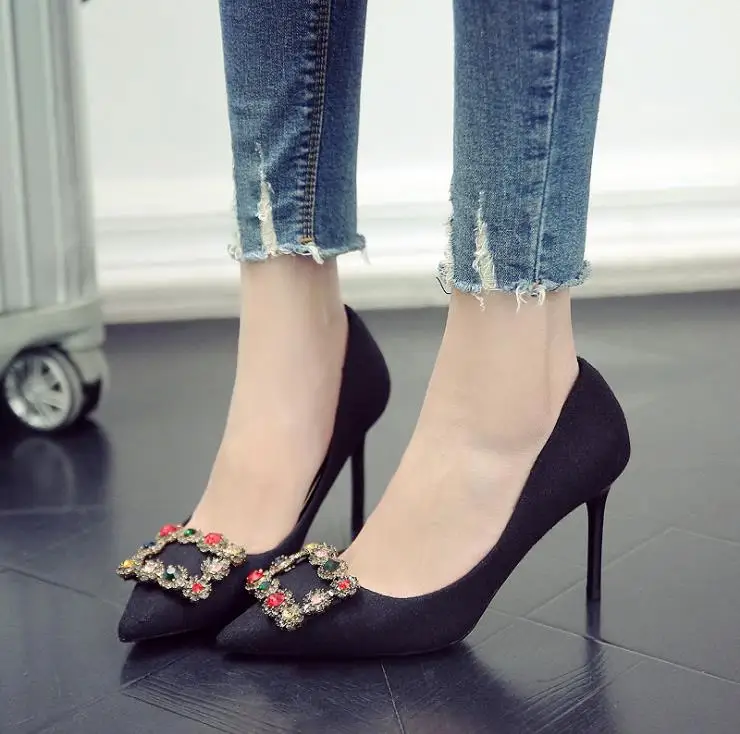 Sauvage À Chaussures Sexy Des Talons Avec Automne Nouveau Carrée Strass Pointes Fines 2018 Femmes De Boucle gris Hauts Noir dxZwHq1zf