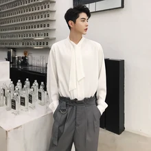 MIXCUBIC Лето, английский стиль, Ретро стиль, уникальные шифоновые рубашки с галстуком-бабочкой, мужские черные повседневные свободные рубашки, M-XXL