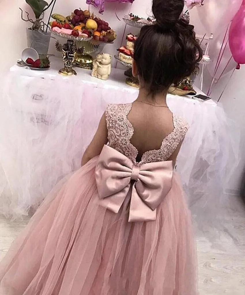 Vestido infantil festa/пышные платья без рукавов с кружевным орнаментом из тюля для девочек на день рождения с большим бантом, Розовые Платья с